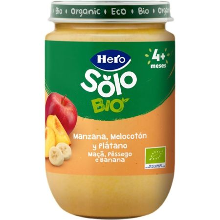 Hero Solo Bio Tarrito Manzana Melocotón Y Plátano Tarrito ecológico sin gluten de textura suave elaborado con ingredientes 100% ecológicos a partir de 4 meses 190 gr