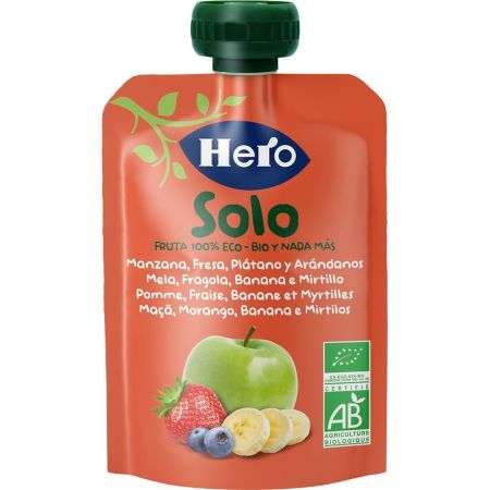 Hero Solo Bio Bolsita Eco Manzana Fresa Plátano Y Arándanos Bolsita ecológica elaborada con ingredientes 100% ecológicos a partir de 4 meses 100 gr