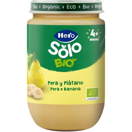 Hero Solo Bio Tarrito Pera Y Plátano Tarrito ecológico sin gluten de textura suave elaborado con 100% fruta ecológica a partir de 4 meses 190 gr