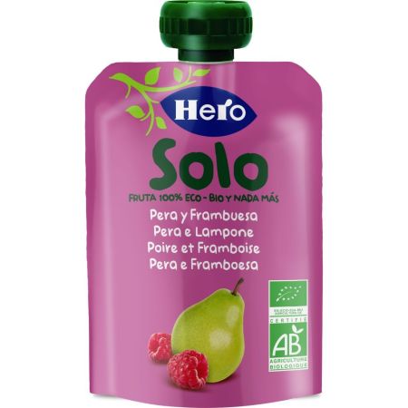 Hero Solo Bio Bolsita Eco Pera Y Frambuesa Bolsita ecológica elaborada con ingredientes 100% ecológicos a partir de 4 meses 100 gr