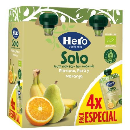 Hero Solo Bolsitas Eco Plátano Pera Y Naranja Pack Especial Bolsitas naturales sin gluten elaboradas con ingredientes 100% ecológicos a partir de 6 meses 4x100 gr