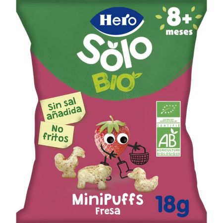 Hero Solo Bio Minipuffs Fresa Snack ecológico sin conservantes ni colorantes y sin sal añadida a partir de 8 meses 18 gr