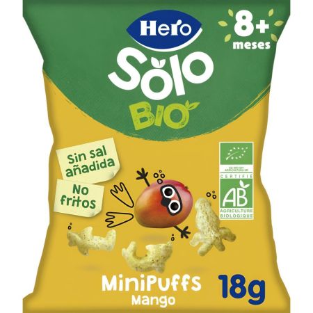 Hero Solo Bio Minipuffs Mango Snack ecológico sin conservantes ni colorantes y sin sal añadida a partir de 8 meses 18 gr