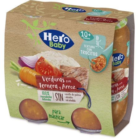 Hero Solo Tarritos Verduras Con Ternera Y Arroz Tarritos naturales de textura con trocitos para alimentación equilibrada y nutritiva a partir de 10 meses 2x235 gr