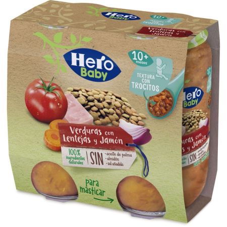 Hero Solo Tarritos Verduras Con Lentejas Y Jamón Tarritos textura con trocitos para una alimentación equilibrada y nutritiva a partir de 10 meses 2x235 gr