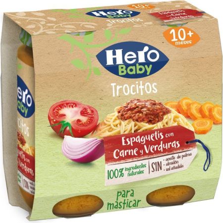 Hero Solo Tarritos Trocitos Espaguetis Con Carne Y Verduras Tarritos naturales sin gluten elaborados con los mejores ingredientes a partir de 10 meses 2x235 gr