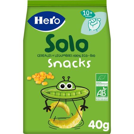 Hero Solo Bio Snacks Eco Guisantes Y Maíz Snacks no fritos sin conservantes ni colorantes y sin sal añadida a partir de 10 meses 40 gr
