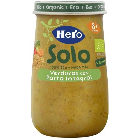 Hero Solo Bio Tarrito Eco Verduras Con Pasta Integral Tarrito ecológico de textura suave ayuda a mantener un sistema digestivo saludable a partir de 8 meses 190 gr
