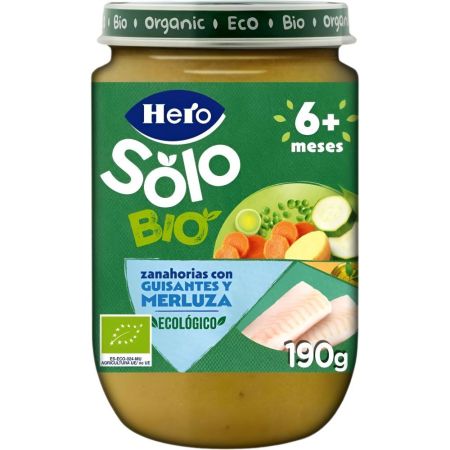 Hero Solo Bio Tarrito Zanahoria Guisantes Y Merluza Tarrito ecológico de textura suave ofrece calidad para el desarrollo de los peques a partir de 6 meses 190 gr