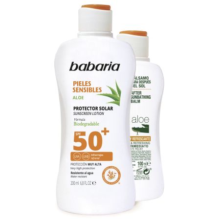 Babaria Aloe Pieles Sensibles Protector Spf 50+ Aloe After Sun Pack Set de protección solar completo para antes y después del sol con aloe vera