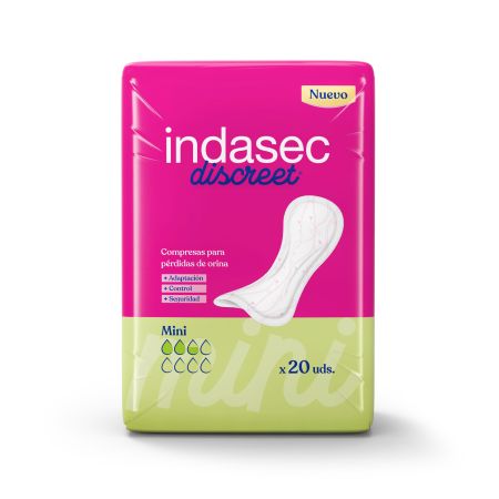 Indasec Compresas Discreet Mini Compresas antifugas y antiolores con doble núcleo absorbente para pérdidas de orina 20 uds