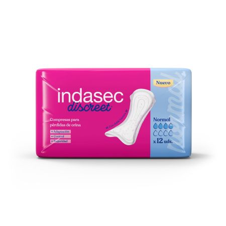 Indasec Compresas Discreet Normal Compresas antifugas y antiolores con doble núcleo absorbente para pérdidas de orina 12 uds