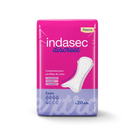 Indasec Compresas Discreet Extra Compresas antifugas y antiolores con doble núcleo absorbente para pérdidas de orina 20 uds