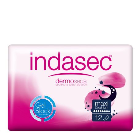 Indasec Compresas Dermo Seda Maxi Good Night Compresas antifugas y antiolores con doble núcleo absorbente para la noche 12 uds