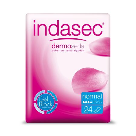 Indasec Compresas Dermo Seda Normal Compresas antifugas y antiolores con doble núcleo absorbente 24 uds