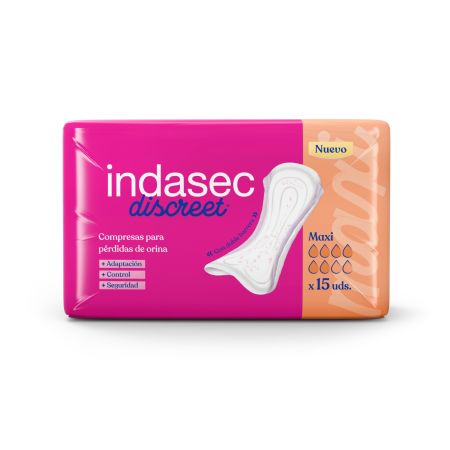 Indasec Compresas Discreet Maxi Compresas antifugas y antiolores con doble núcleo absorbente 15 uds