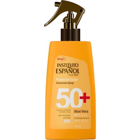 Instituto Español Aloe Vera Spray Protector Solar Spf 50+ Spray solar corporal de textura no grasa y resistente al agua enriquecido con aloe vera 300 ml
