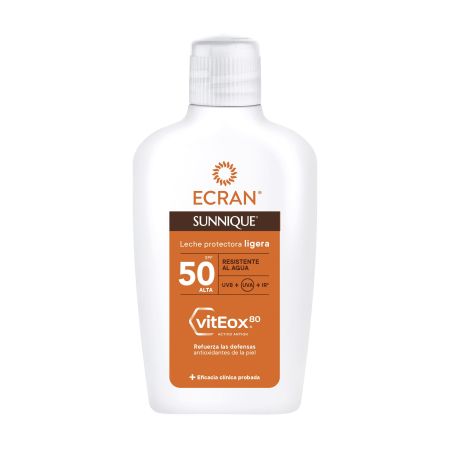 Ecran Sunnique Leche Protectora Ligera Spf 50 Protector solar biodegradable protege contra las quemaduras y refuerza las defensas antioxidantes 200 ml