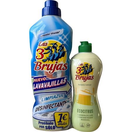 Las 3 Brujas Limpiador Limpiazul Desinfectante+Ecocitrus Lavavajillas Set de limpieza para hogar y lavavajillas proporcionando un acabado brillante