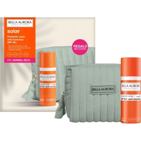 Bella Aurora Protector Solar Anti-Manchas Spf 50+ Piel Seca+Neceser Gratis Fluido solar hidratante y antimanchas de textura ligera unifica el tono y calma para acabado mate 50 ml