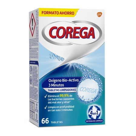 Corega Oxígeno Bio-Activo 3 Minutos 4en1 Tabletas Limpiadoras Limpiador de prótesis dentales blanqueador limpieza profunda en 3 minutos 66 uds