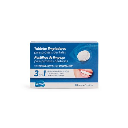 Senti2 Tabletas Limpiadoras Para Prótesis Dentales Tabletas efervescentes limpiadoras para prótesis dentales eliminan el 99,9% de bacterias 30 uds
