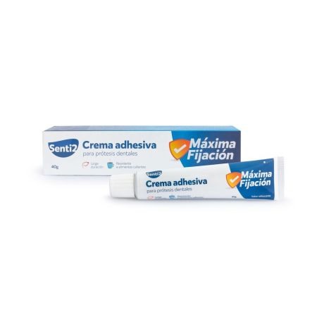 Senti2 Crema Adhesiva Máxima Fijación Crema adhesiva prótesis dentales ofrece fijación extrafuerte para seguridad y confort hasta 12 horas 40 gr