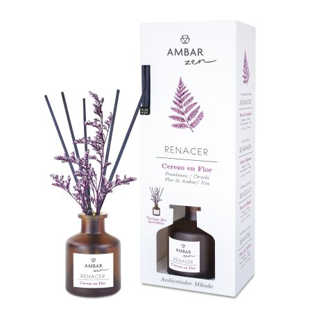 Ambar Zen Renacer Cerezo En Flor Ambientador Mikado Ambientador mikado para hogar perfuma y decora con estela de frutos rojos y azahar hasta 45 días de duración 40 ml