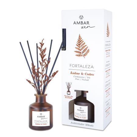 Ambar Zen Fortaleza Ámbar & Cedro Ambientador Mikado Ambientador mikado para hogar perfuma y decora con aroma oriental y amaderado hasta 45 días de duración 40 ml