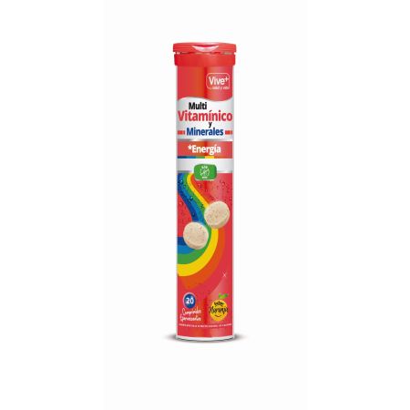 Vive+ Multi Vitamínico Y Minerales Energía Complemento Alimenticio Complemento alimenticio para mantener una salud general óptima sabor naranja 20 uds
