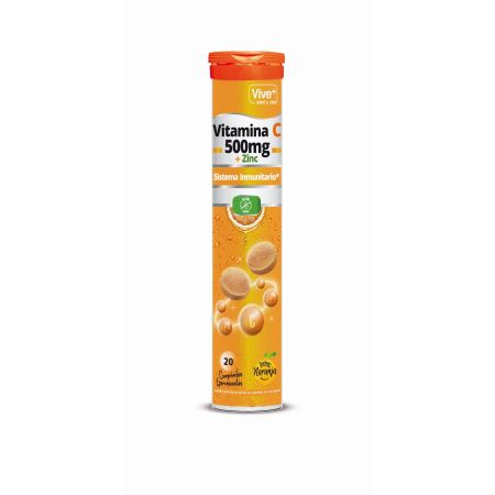 Vive+ Vitamina C 500 Mg + Zinc Complemento Alimenticio Complemento alimenticio ayuda al sistema inmune y funcionamiento de defensas con sabor naranja 20 uds