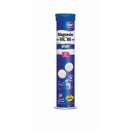 Vive+ Magnesio + Vitamina B6 Sport Complemento Alimenticio Complemento alimenticio apoya el sistema nervioso reduciendo cansancio con sabor limón 20 uds