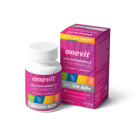 Onevit Mujer 60+ Multivitamínico Y Multiminerales Formato Especial Complemento alimenticio para mujeres sin gluten ni lactosa aporta extra de vitaminas y minerales 45 uds