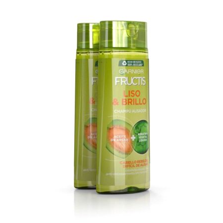Fructis Liso & Brillo Champú Alisador Duplo Precio Especial Champú fortificante consigue aspecto brillante y suelto para cabello rebelde o difícil de alisar 2x380 ml