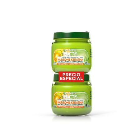 Fructis Liso & Brillo Hair Bomb Keratina Mascarilla Precio Especial Mascarilla alisadora nutre y protege del encrespamiento para cabello liso y brillante hasta 72 horas 2x320 ml