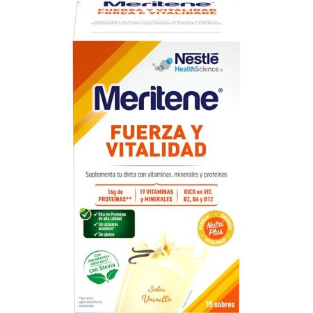 Meritene Fuerza Y Vitalidad Café Vainilla Complemento Alimenticio Complemento alimenticio en polvo con proteínas y vitaminas contribuye a diminuir el cansancio y fatiga 15x30 gr