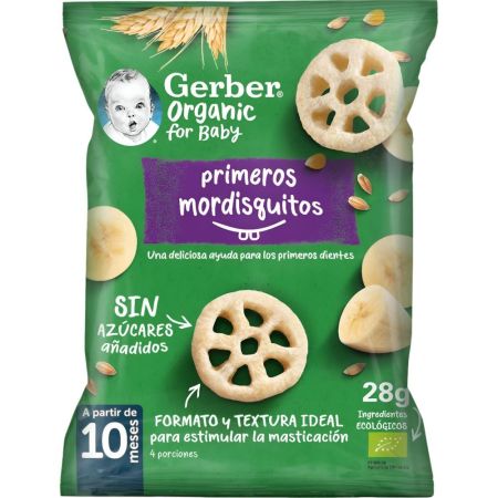 Gerber Organic For Baby Snack Primeros Mordisquitos Snack ecológico sin azúcares añadidos promueve la atuonomía de forma divertida a partir de 10 meses 35 gr