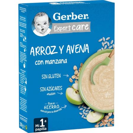 Gerber Expert Care Papilla Arroz Y Avena Con Manzana Papilla sin azúcares ni gluten rica en fibra esencial para el desarrollo cognitivo desde el primer día 250 gr