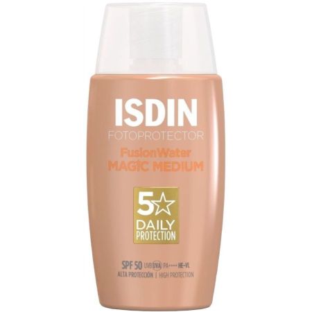 Isdin Fotoprotector Fusionwater Magic Color Spf 50 Protector solar facial con color de rápida absorción ofrece cobertura natural que unifica el tono para efecto buena cara