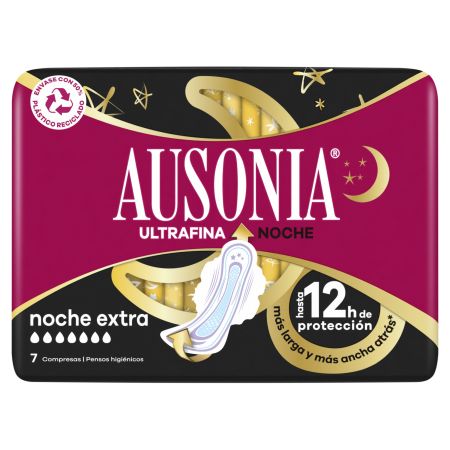 Ausonia Ultrafina Noche Extra Compresas 12h Compresas de noche con alas de doble cobertura para protegerte hasta 12 horas  uds