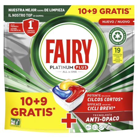 Fairy Lavavajillas Platinum Plus All In One Formato Especial Lavavajillas a máquina en cápsulas elimina restos difíciles aroma a limón