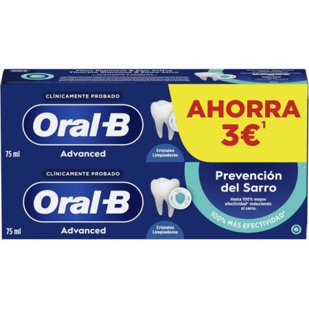 Oral-B Dentífrico Advanced Prevención Del Sarro Formato Especial Pasta de dientes antibacteriana previene el sarro y crecimiento de placa con sabor menta dulce 2x150 ml