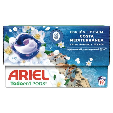 Ariel Detergente Costa Mediterránea Todoen1 Pods Edición Limitada Detergente en cápsulas ofrece limpieza profunda quita las manchas ilumina refresca y protege 19 uds