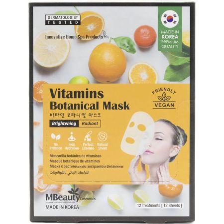 Mbeauty Cosmetics Radiant Vitamins Botanical Mask Mascarilla de tela coreana de fórmula suave nutre y protege mejorando suavidad e hidratación
