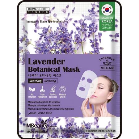 Mbeauty Cosmetics Relaxing Lavender Botanical Mask Mascarilla de tela coreana purifica suaviza revitaliza e hidrata para sensación y aspecto renovados